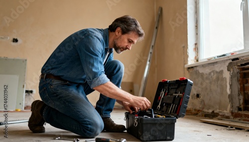 Dad opening toolbox on floor in natural daylight with focused mood and subtle signs of home repair