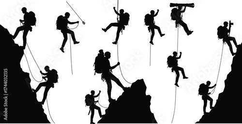 Silhouette vector of mountain climbers with ropes and backpacks showing adventure, teamwork, hiking, exploration, and extreme outdoor sports design
