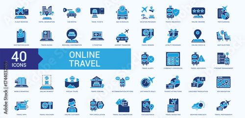 Travel online icon collection set with flight booking, car rental, train tickets, bus schedules, travel insurance, online reviews