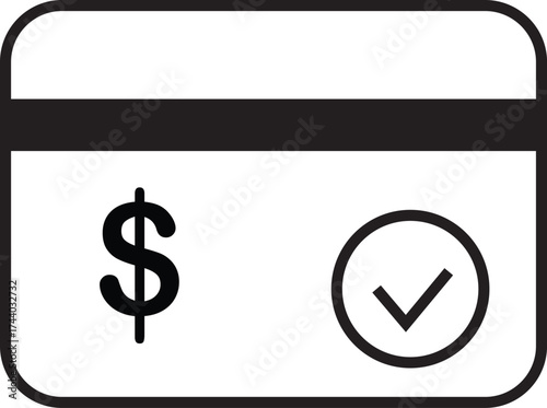Simple black and white icon representing a credit card with a dollar sign and a checkmark for payment confirmation