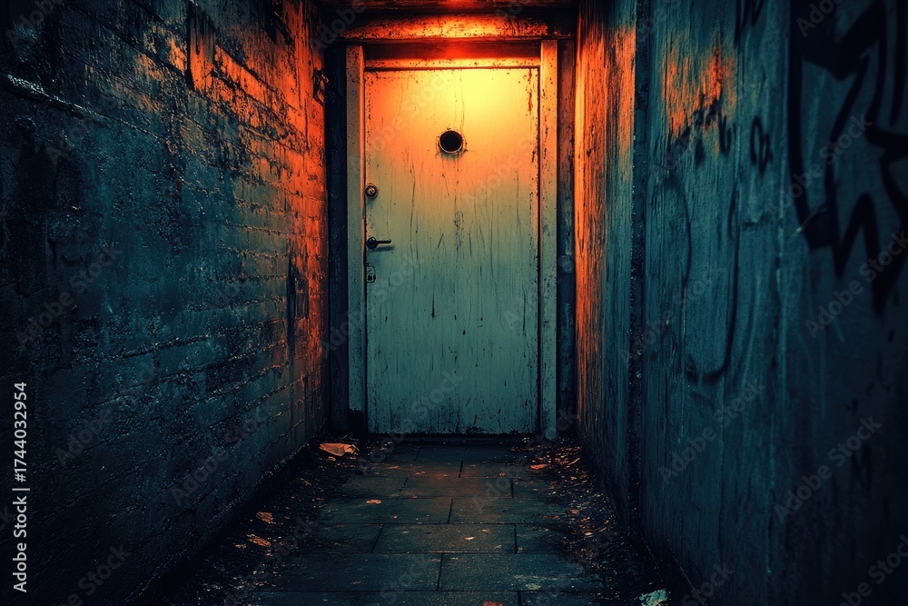 Obraz premium Eerie corridor. Glowing door