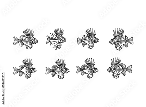 Eight Stylized Lionfish Illustrations on White Background.
