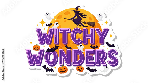 Witchy Wonders: A whimsical Halloween-themed illustration featuring a flying witch silhouetted against a radiant full moon, surrounded by playful bats, mischievous ghosts, and cheerful pumpkins.