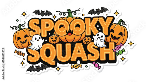 Spooky Squash Halloween illustration: A vibrant illustration of the word Spooky Squash artfully designed with grinning pumpkins and playful ghosts. The scene radiates Halloween cheer.