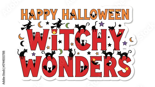 Witchy Wonders: A spooky illustration for halloween, Happy Halloween written above Witchy Wonders, Featuring cute cat, wizard, night theme and spooky style!