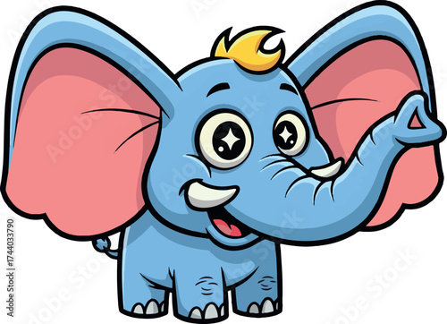 A cartoon elephant with large ears and a happy expression standing on a white background smiling widely at you