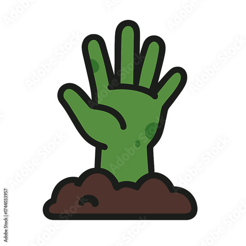 Flat vector illustration of a green zombie hand rising from earth.
