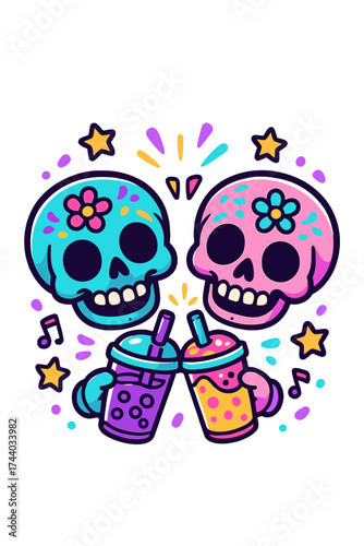 Vibrant cartoon sugar skulls clinking boba drinks, perfect for celebrations.