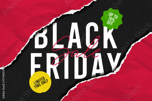 Black friday sale banner with crumpled torn paper and stickers. Super sale shopping banner template with red torn paper. Vector.