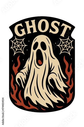Retro Halloween ghost engulfed in flames with spider webs. Spooky design.