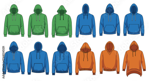 Various styles of hooded sweatshirts in different colors displayed in a grid.
