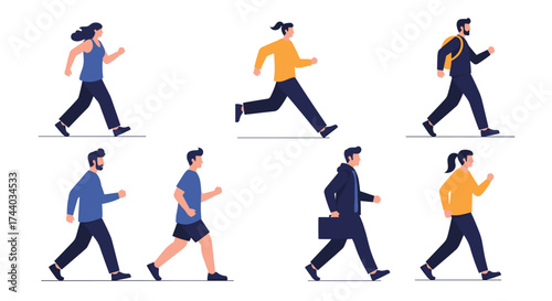 Diverse people in motion walking and running outdoors.