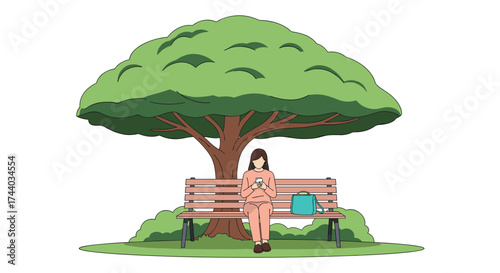 A woman sits peacefully under a large tree on a park bench.