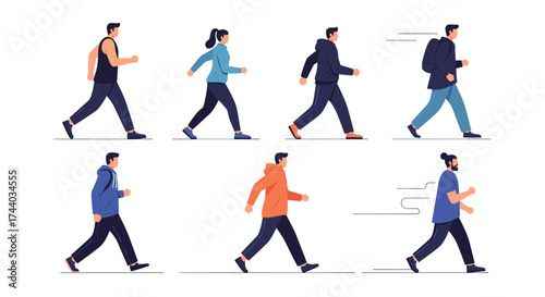 A collection of diverse people walking in profile view.