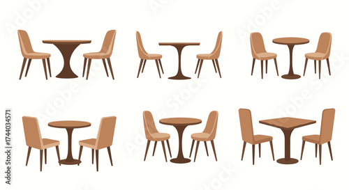 A collection of dining tables with chairs arranged in various settings.