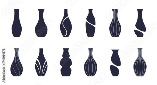 A collection of twelve dark blue ornamental vases in various artistic designs.