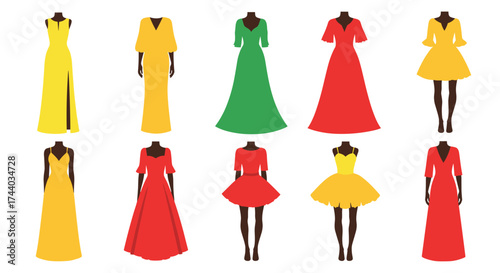 A collection of colorful formal dresses on display for an event.