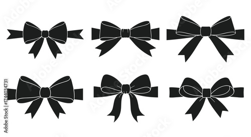 Six different black bows in a simple vector graphic.
