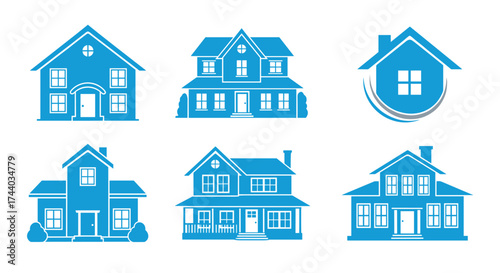 Set of blue house icons representing different architectural styles.