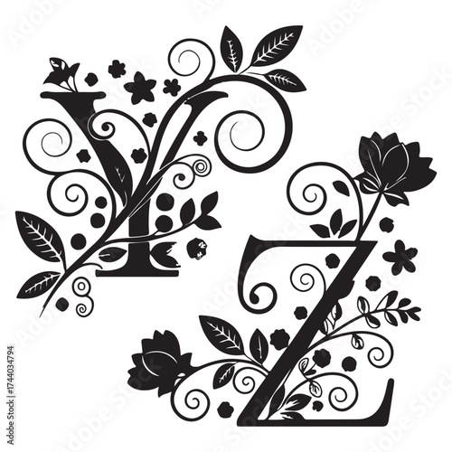 Elegant floral letters y and z isolated on white background, adorned with delicate blossoms and swirling vines illustration