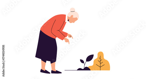 An elderly woman carefully examines a young seedling growing in the earth.