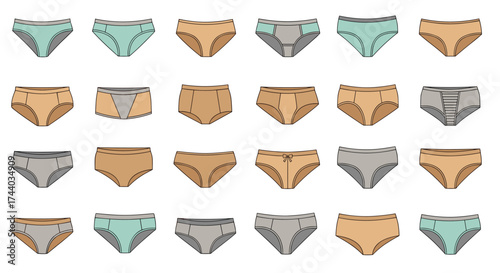 A collection of various styles of women's underwear in different colors.