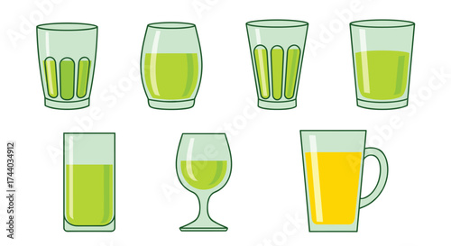 A collection of seven different drinking glasses filled with various shades of green and yellow liquids.