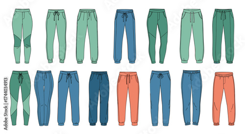 A collection of stylish jogger pants in various colors.