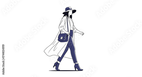 Stylish woman in a hat and trench coat walking with a handbag.