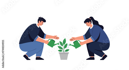 People are watering a small plant in a pot together.