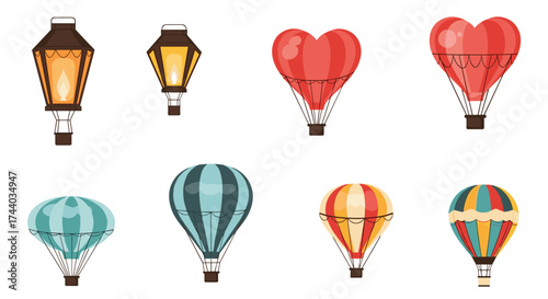 Collection of various hot air balloons and lanterns for travel.