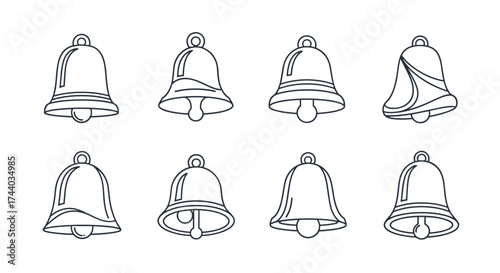 A collection of eight different bell shapes in a clean line art style.