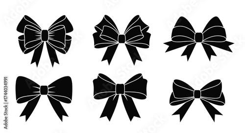 Six black bows against a white background.