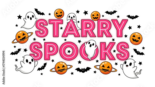 Starry Spooks: A captivating, whimsical Halloween-themed illustration with playful ghosts, grinning jack-o'-lantern planets, and charming bats against a background of twinkling stars.