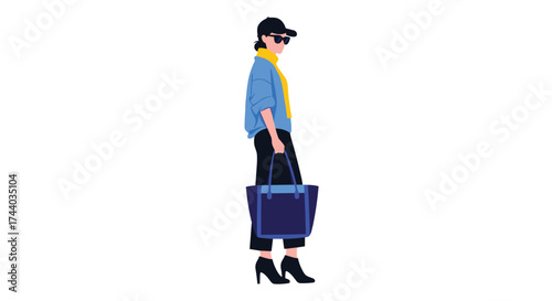 A woman in fashionable attire carries a stylish tote bag on a white background.