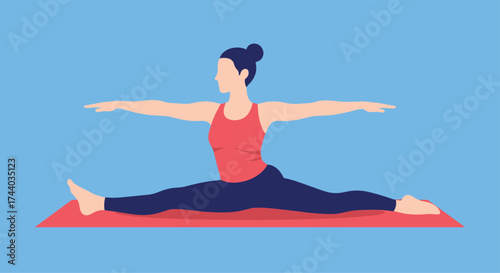 A woman performing a seated straddle split yoga pose on a mat.