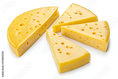 Golden Cheese Slices: A close-up of an appetizing arrangement featuring several perfectly cut cheese slices. Each slice showcases a light, porous interior and inviting yellow hues.