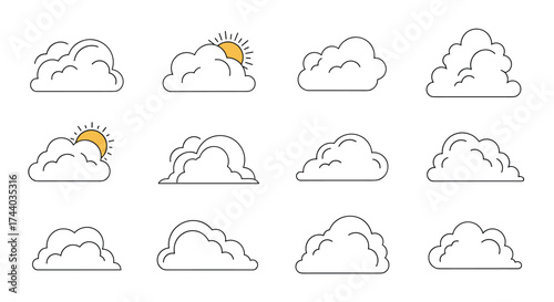 Collection of stylized cloud illustrations with sunlight.