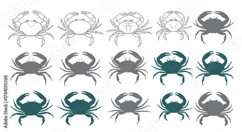 A collection of pixelated crab illustrations in varying shades of grey and teal.