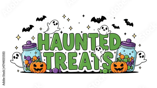 Haunted Treats Illustration: Spooky cartoon, with pumpkins, bats, ghosts, and jars full of colorful candies. It embodies the essence of Halloween and the delightful traditions of the spooky season.