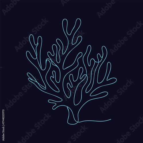 Minimalist Neon Line Art of Coral Reef Structure on Dark