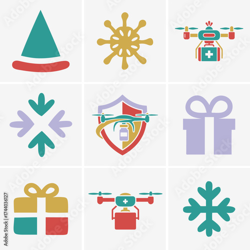 Illustrated grid displays holiday concepts including drones delivering vaccines and presents on white