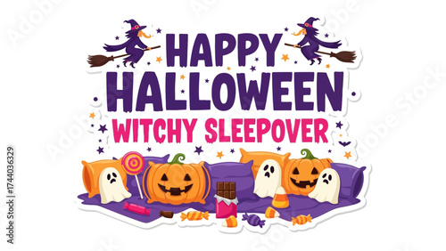 Halloween Witchy Sleepover Celebration: Whimsical illustration for Halloween celebrations and sleepover with witch theme, a festive blend of spooky and cheerful elements for the holiday season.