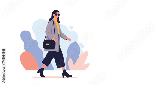 A stylish woman walks confidently outdoors with a handbag and sunglasses.