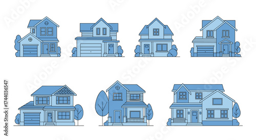 Collection of pixel art houses in various architectural styles.