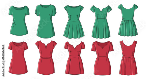A diverse collection of short casual dresses in red and green colors.