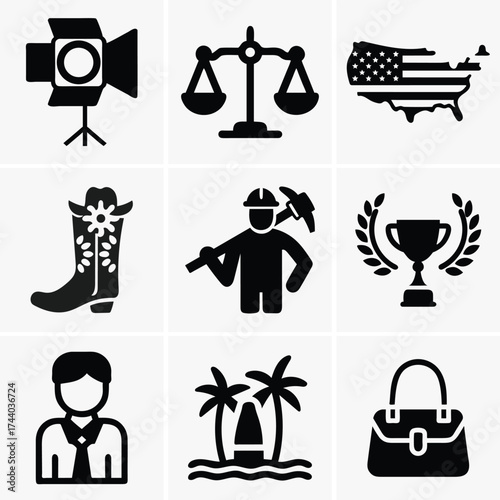 Diverse icon collection showcases lighting equipment, justice balance, and United States map silhouette