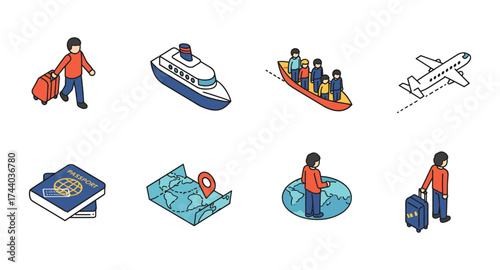 Isometric travel icons: journey, cruises, flights, and maps for exploration