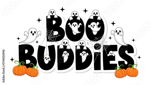 Spooky Season: Boo Buddies themed illustration for Halloween, with adorable ghosts, cheerful pumpkins, and a touch of spiderwebs, embodying the spirit of festive fun and fright.