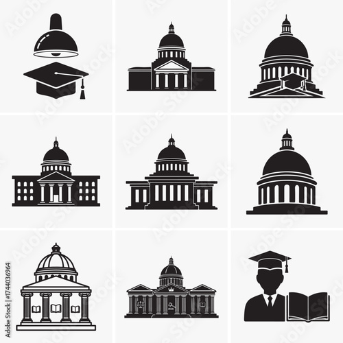 Grid depicts architecture and education icons in solid black against a light background
